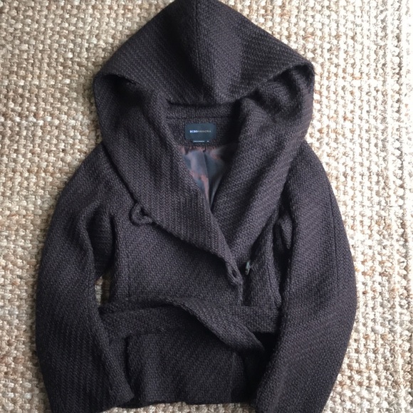 BCBGMaxAzria Jackets & Blazers - BCBGMaxAzria Lined Virgin Wool Blend Basket Weave Hooded Belted Wrap Coat
